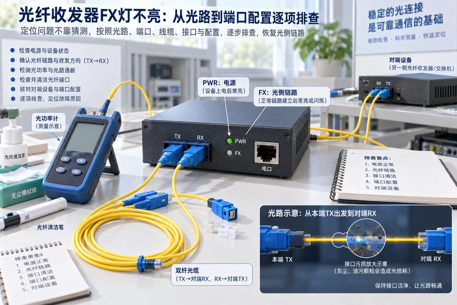 FX灯排障的实物对象：设备供电、光口方向、连接器端面与接收功率都需要检查。
