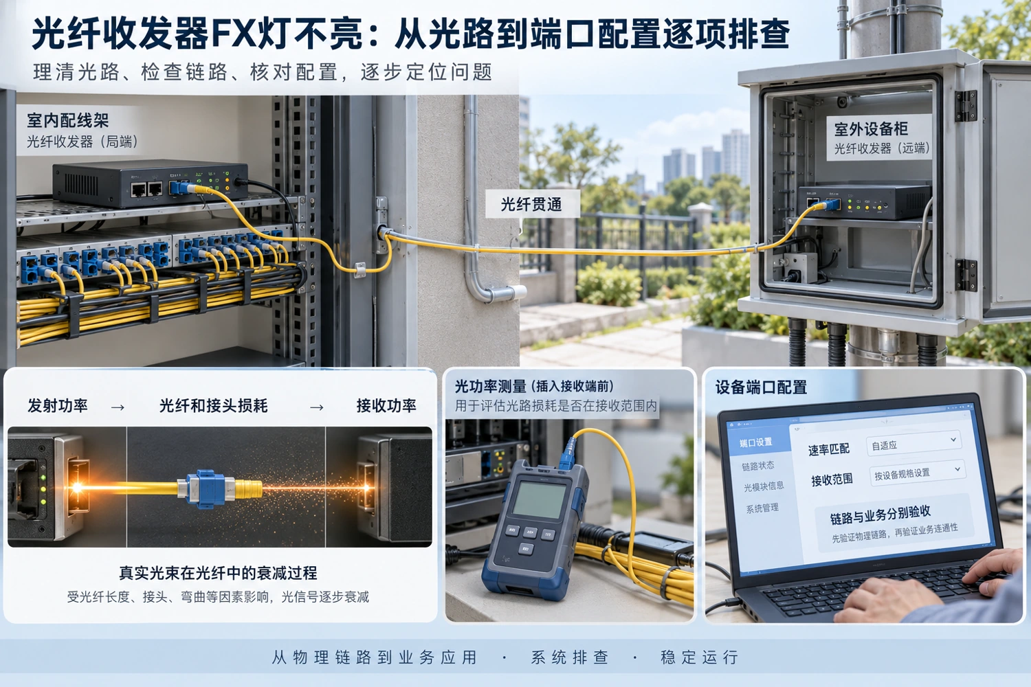 从发射、链路损耗到接收窗口检查光路；光功率与端口配置属于不同层面的条件。