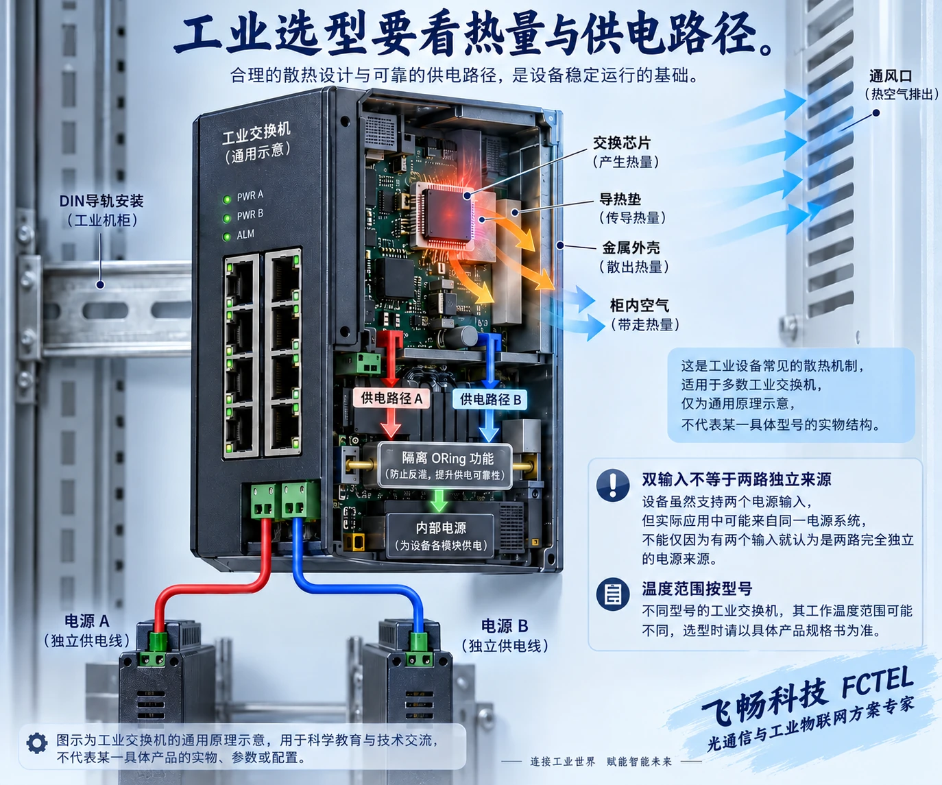 机柜内工业交换机热量经导热垫和金属外壳传向空气,两路独立供电路径示意