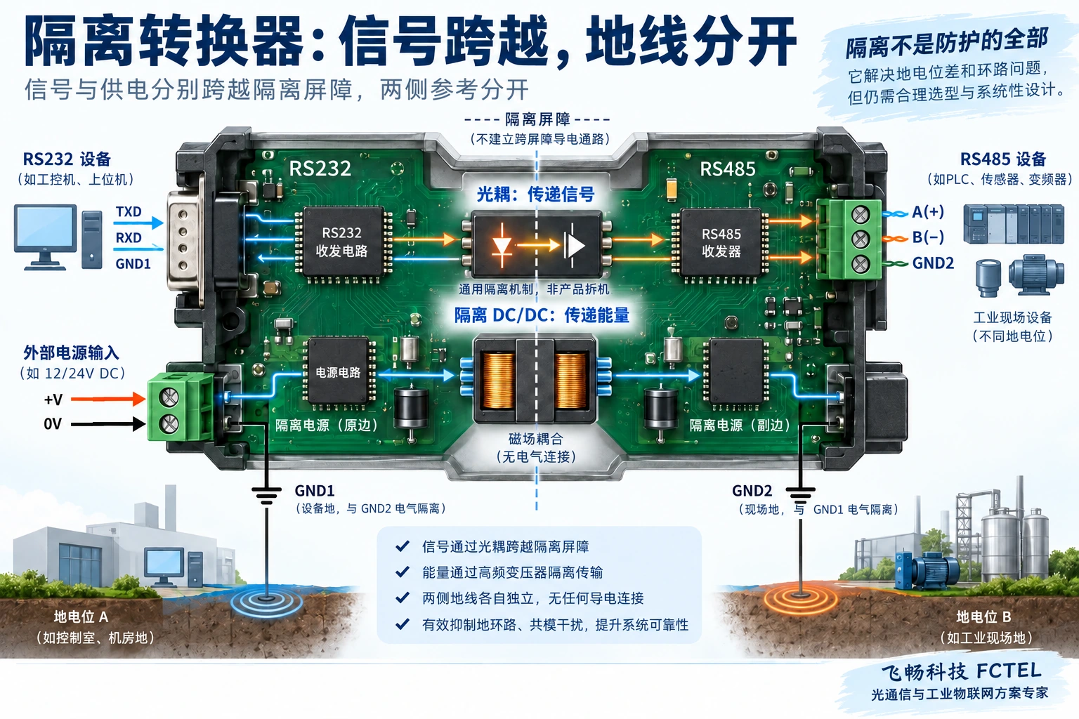 信号跨光耦屏障与供电跨隔离变压器的通用结构