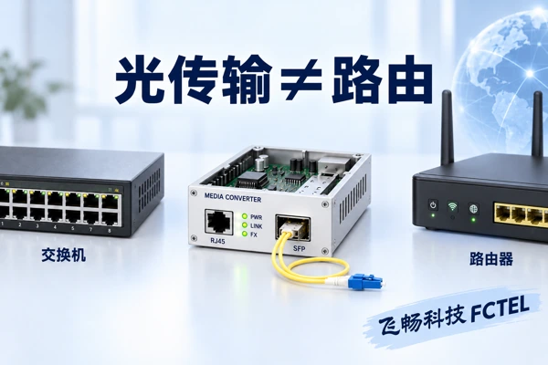 以太网帧经过电口物理电路、光发射与光接收后返回电接口，介质转换不等于三层路由