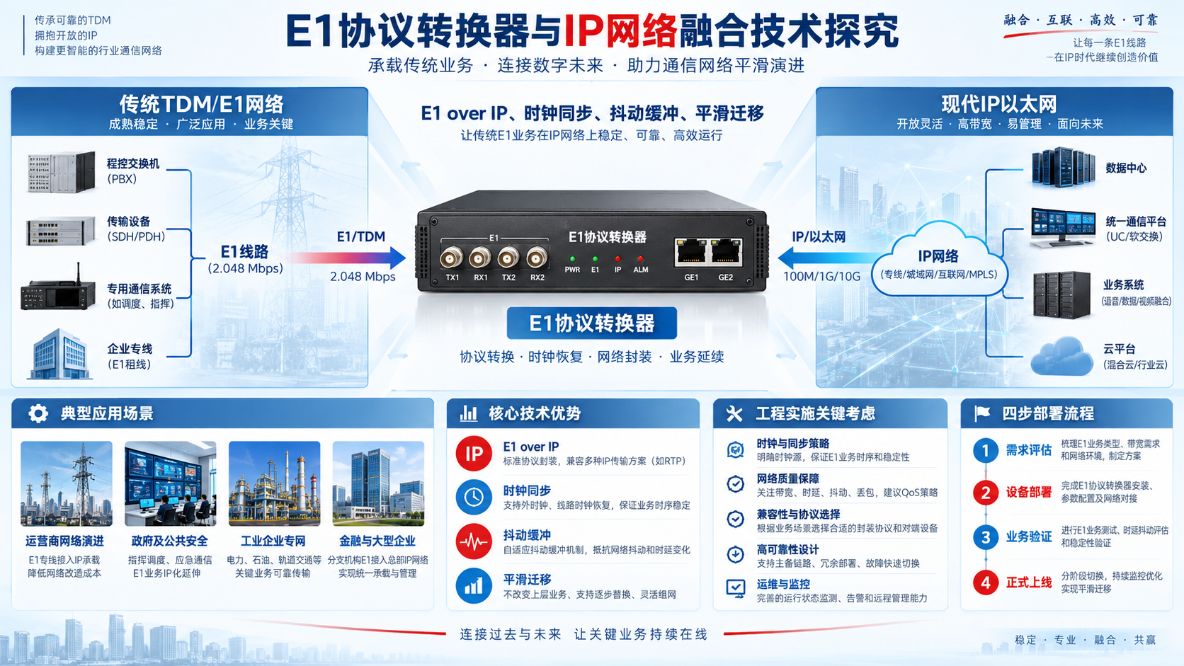 E1 协议转换器与 IP 网络融合技术探究技术应用与选型信息图