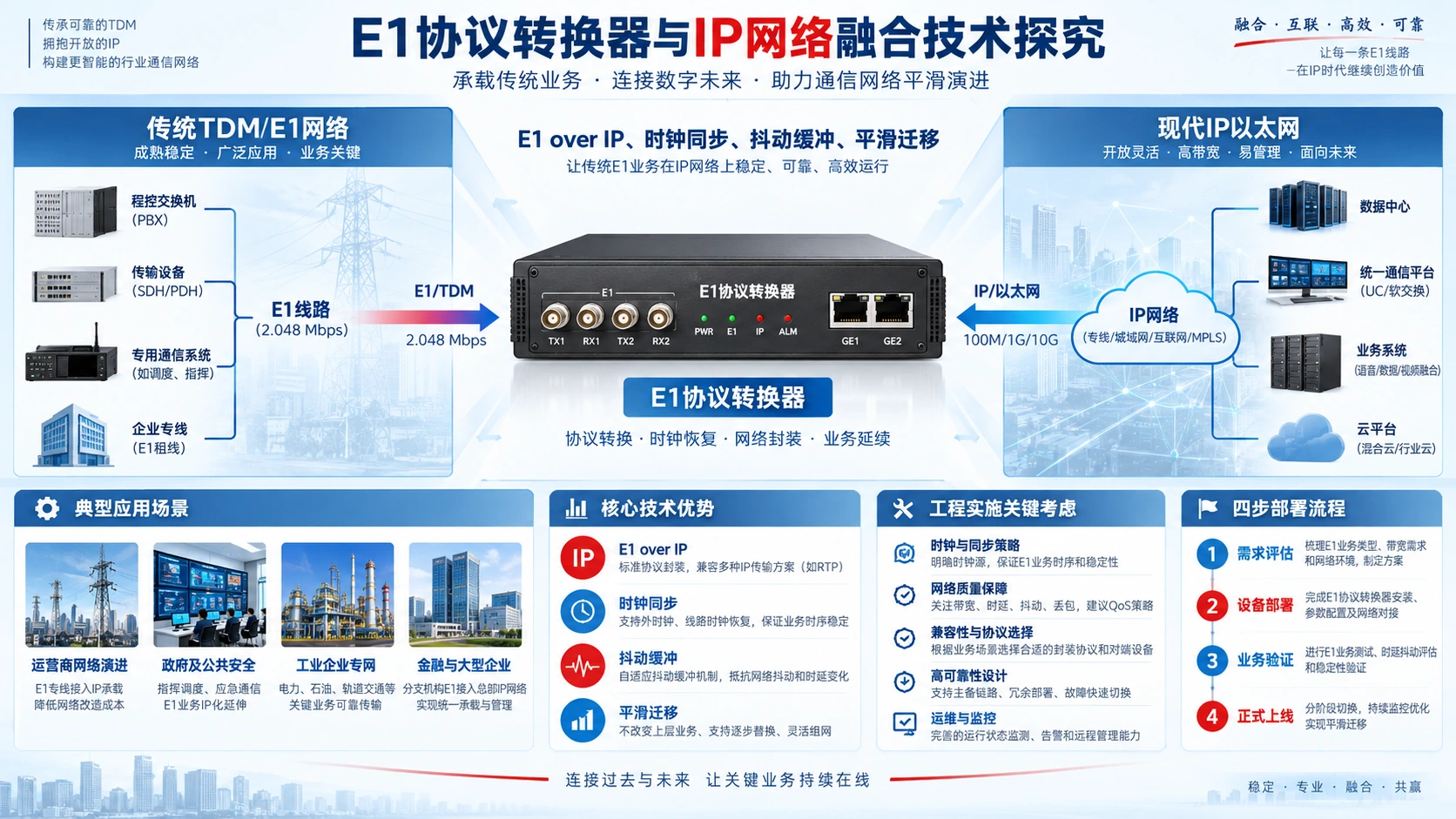 E1 协议转换器与 IP 网络融合技术探究技术应用与选型信息图