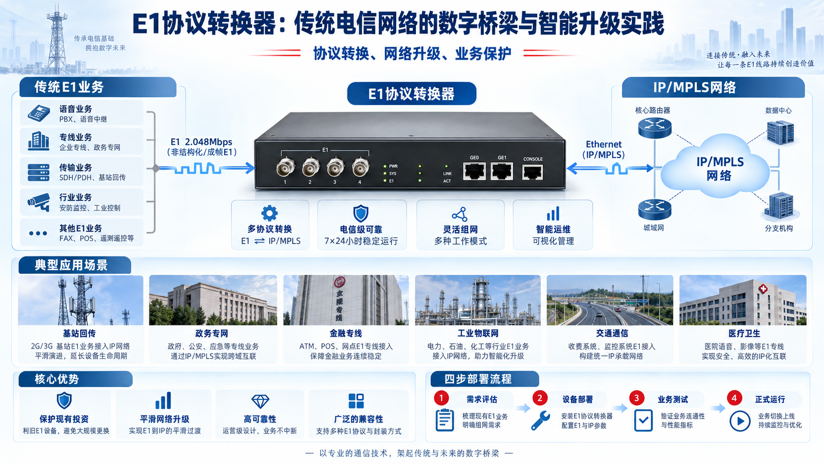 E1协议转换器:传统电信网络的数字桥梁与智能升级实践技术应用与选型信息图