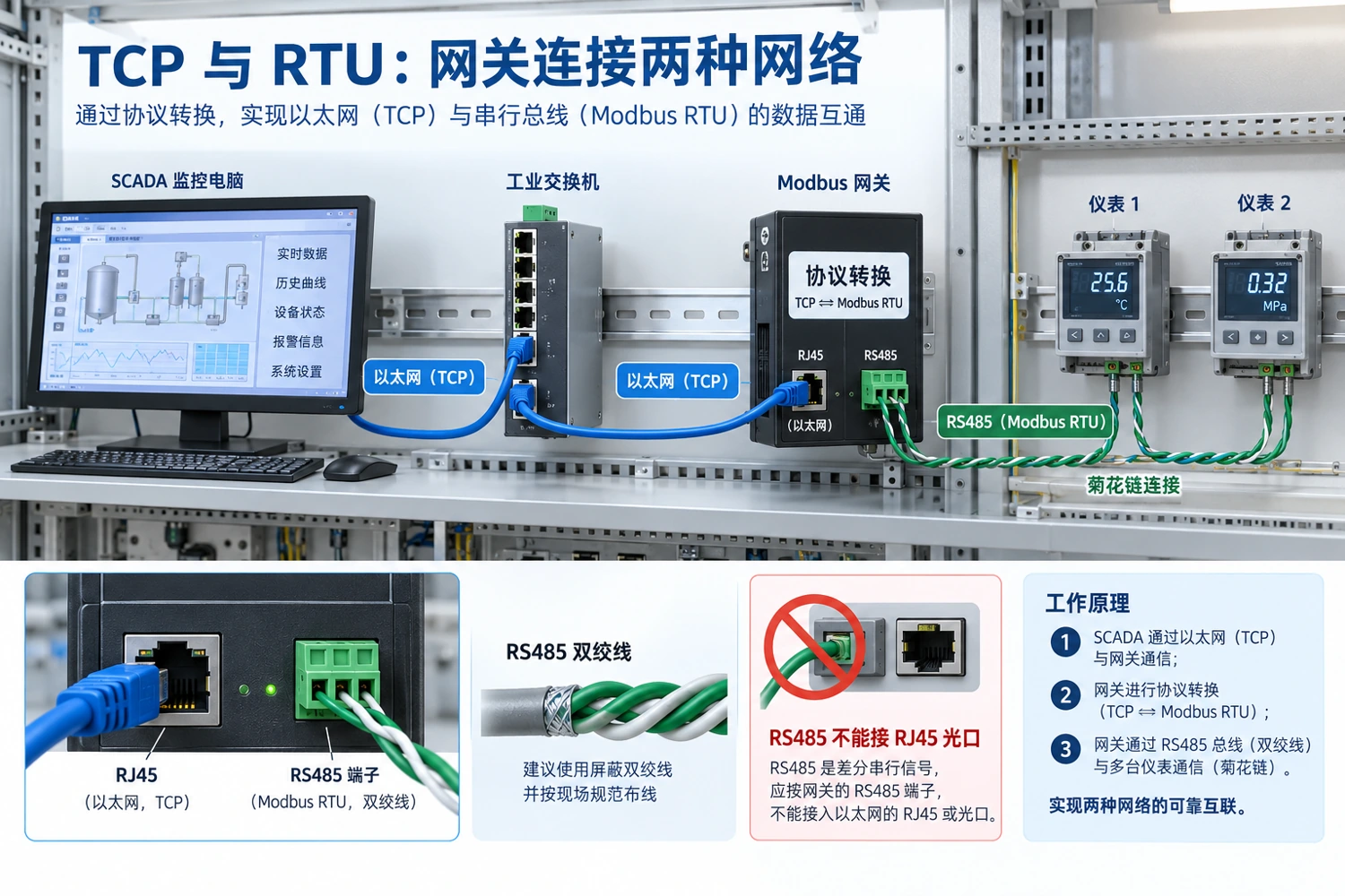 协议网关把以太网侧Modbus TCP与串行侧Modbus RTU关联;接口转换与协议转换不能混为一谈。
