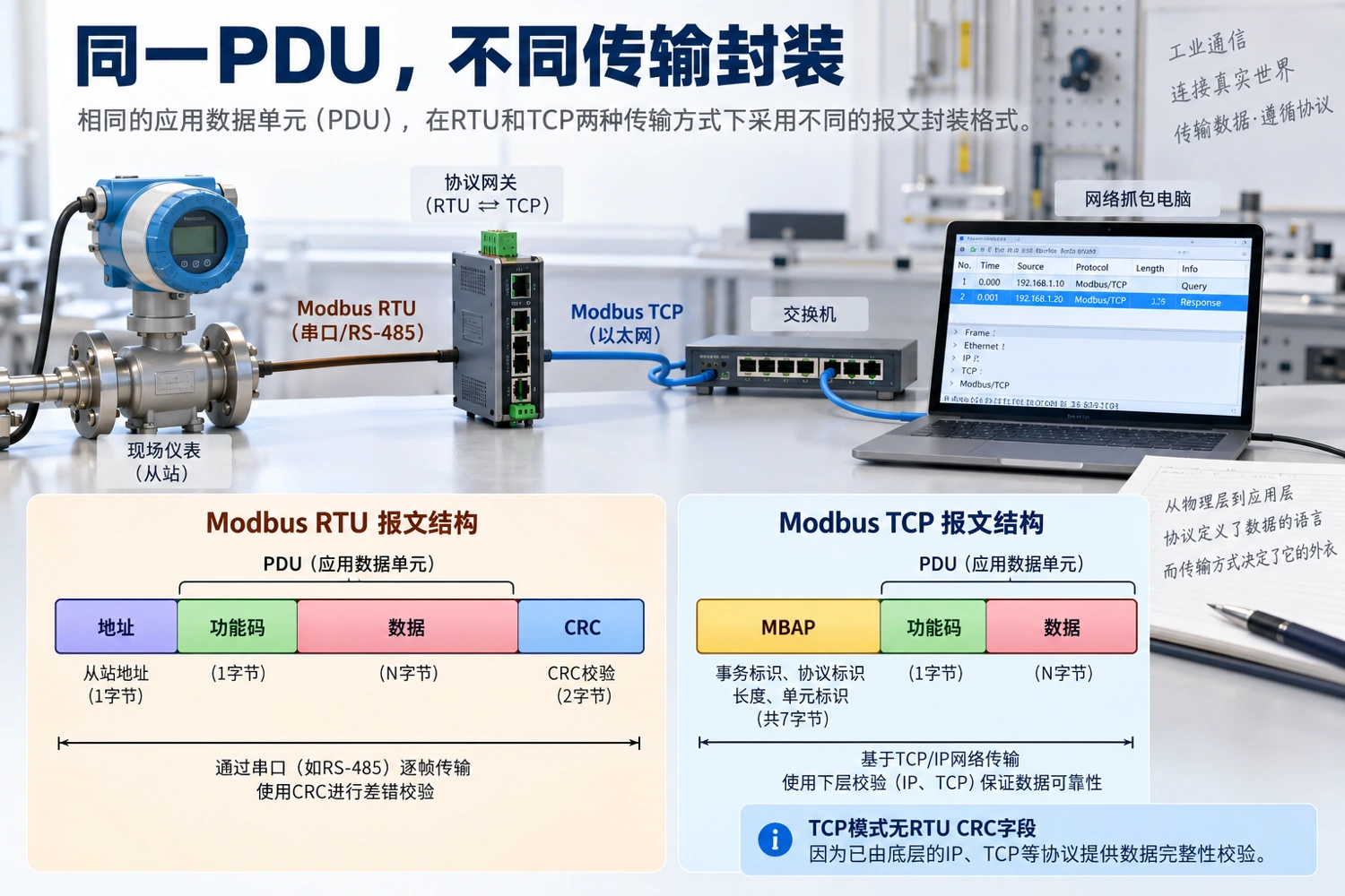 RTU与TCP的PDU含义一致,外层封装不同;图示不提供可直接发送的完整十六进制报文。