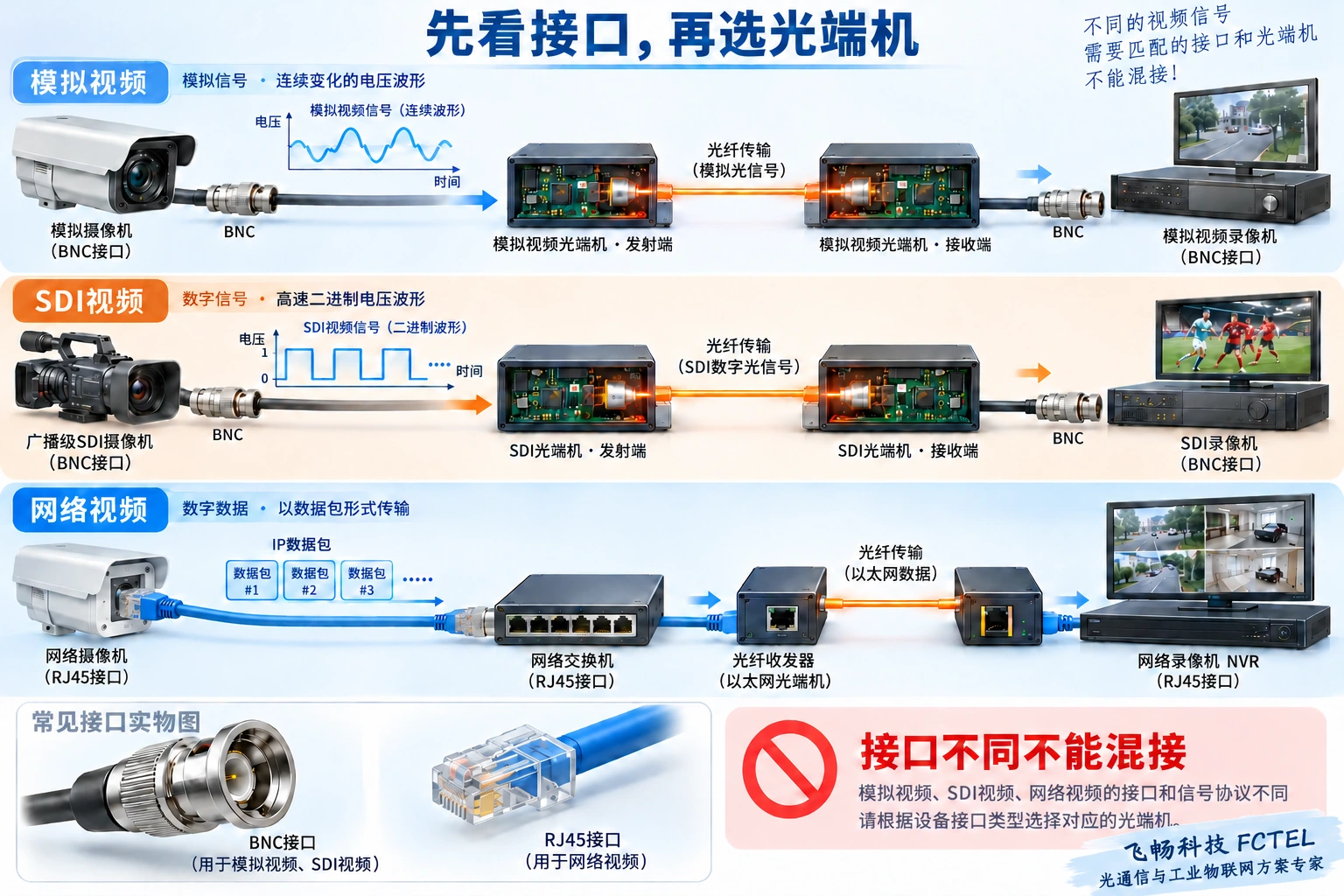 模拟视频、SDI和网络视频的接口及传输规则不同；即使同用BNC或光纤，也不能据此混接。