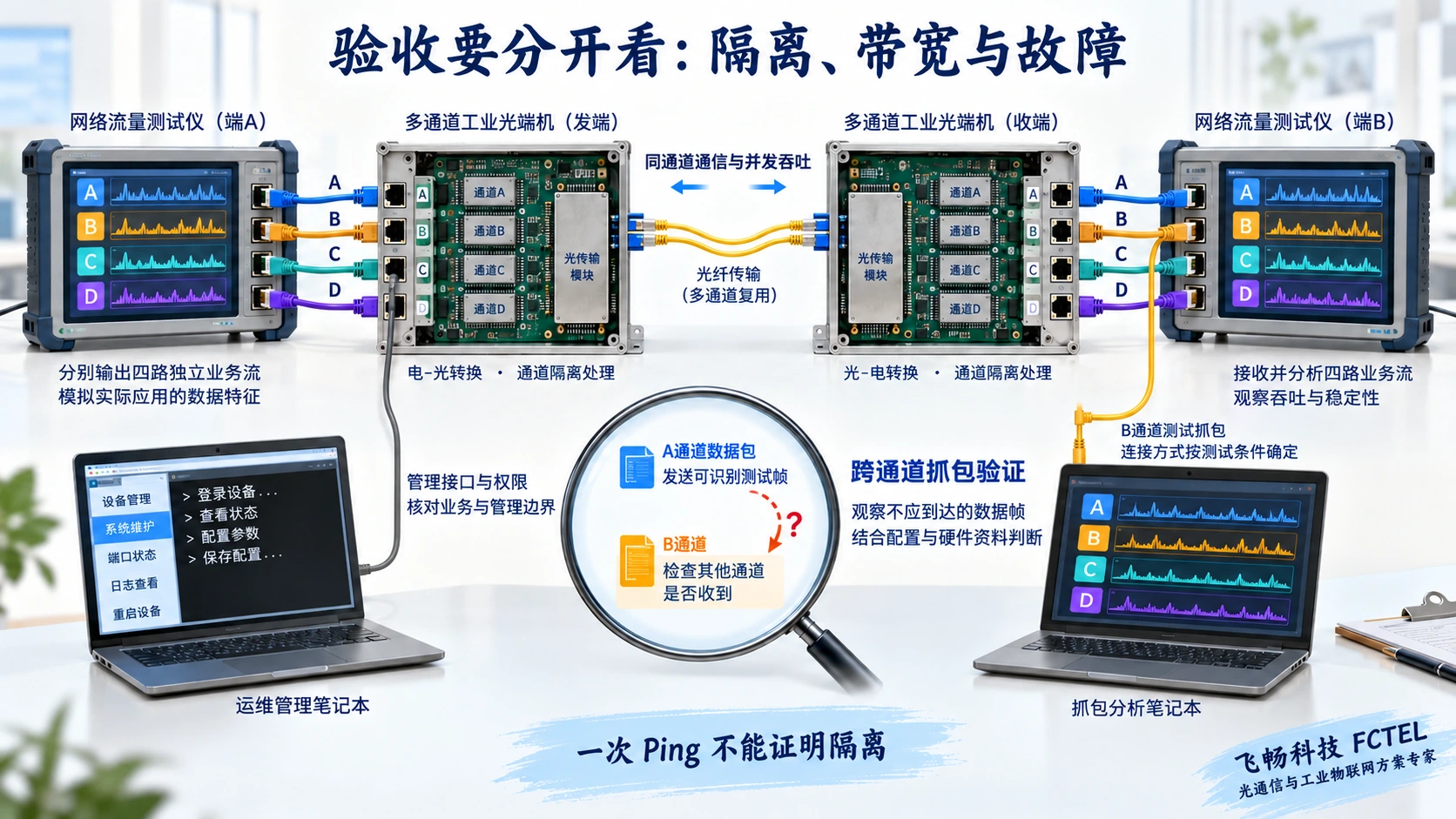 四路流量测试设备经光端机对测，配合跨通道抓包和管理重启检查分别验证隔离与带宽