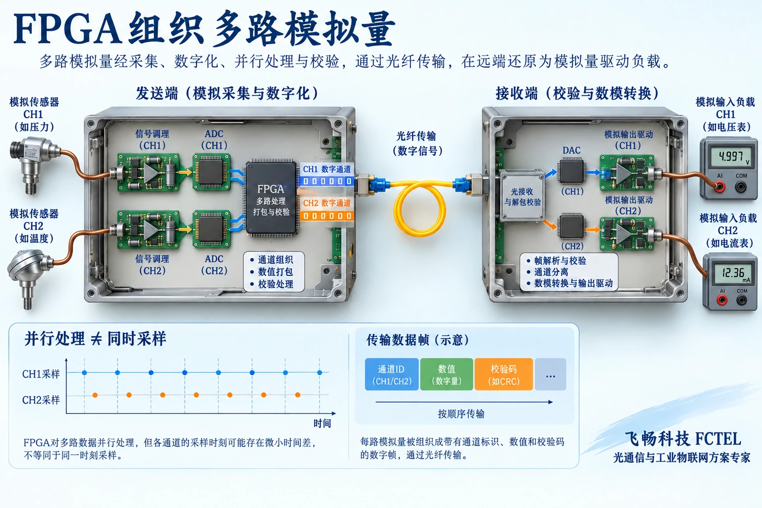 多路模拟量通过ADC与FPGA组织通道并恢复远端输出