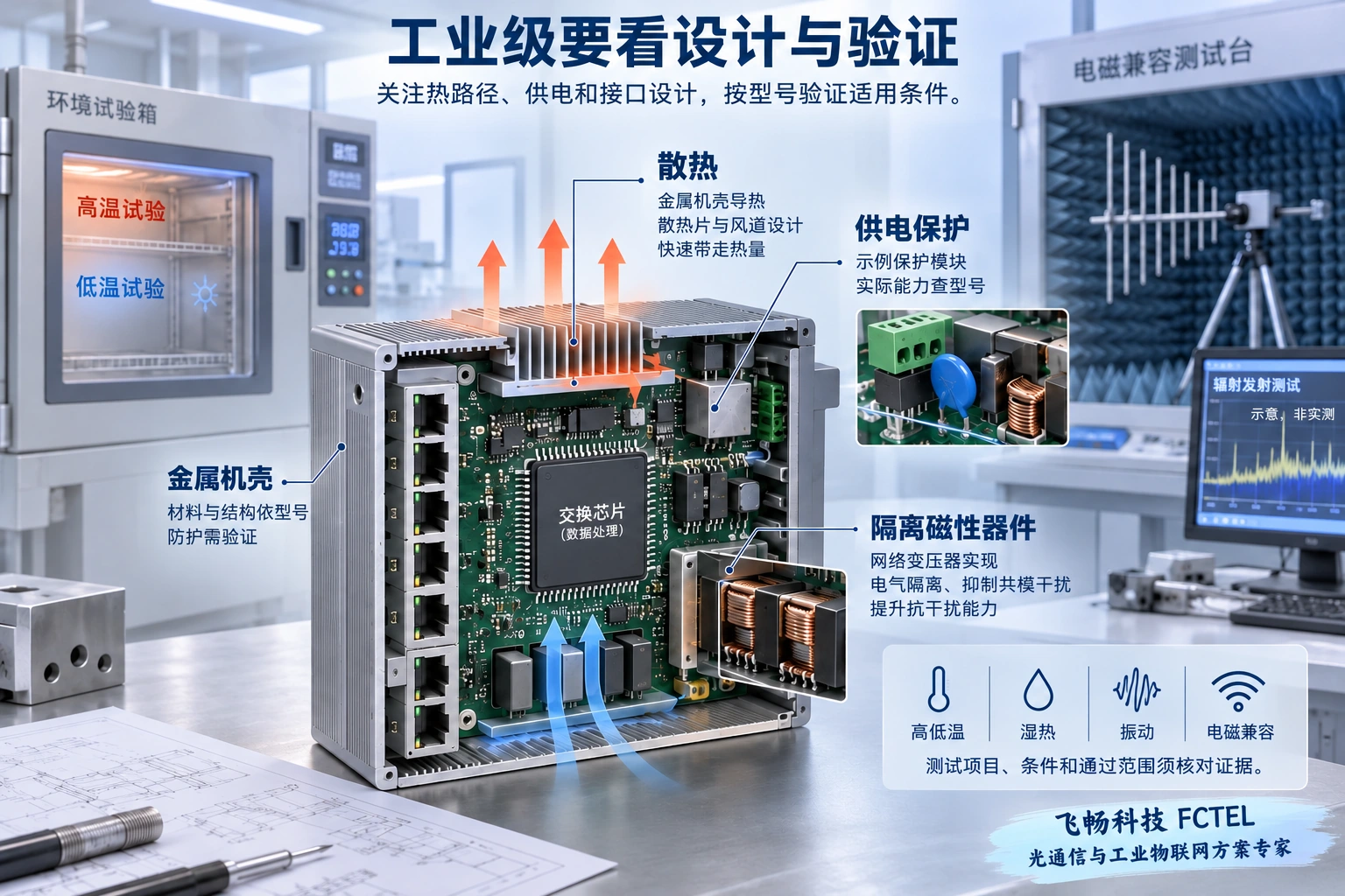 工业交换机剖视展示芯片热路径、输入保护和网络接口磁性器件,旁示环境及电磁兼容测试类别