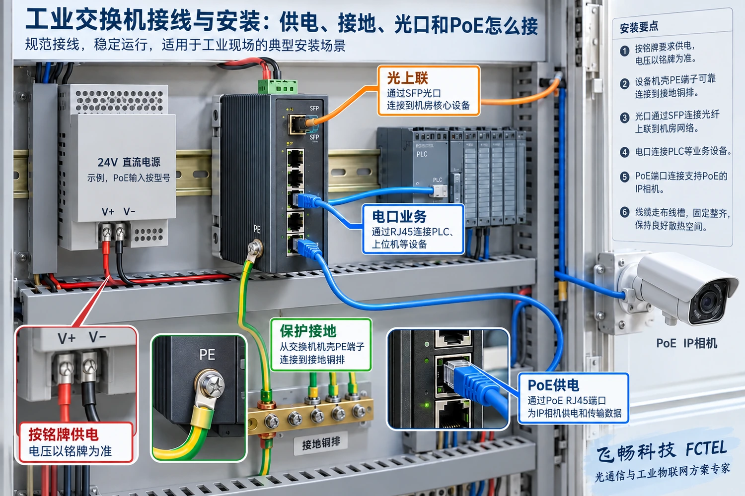 电控柜接线示意：电源、接地、电口和光上联各有独立职责，电压与定义必须按铭牌确认。