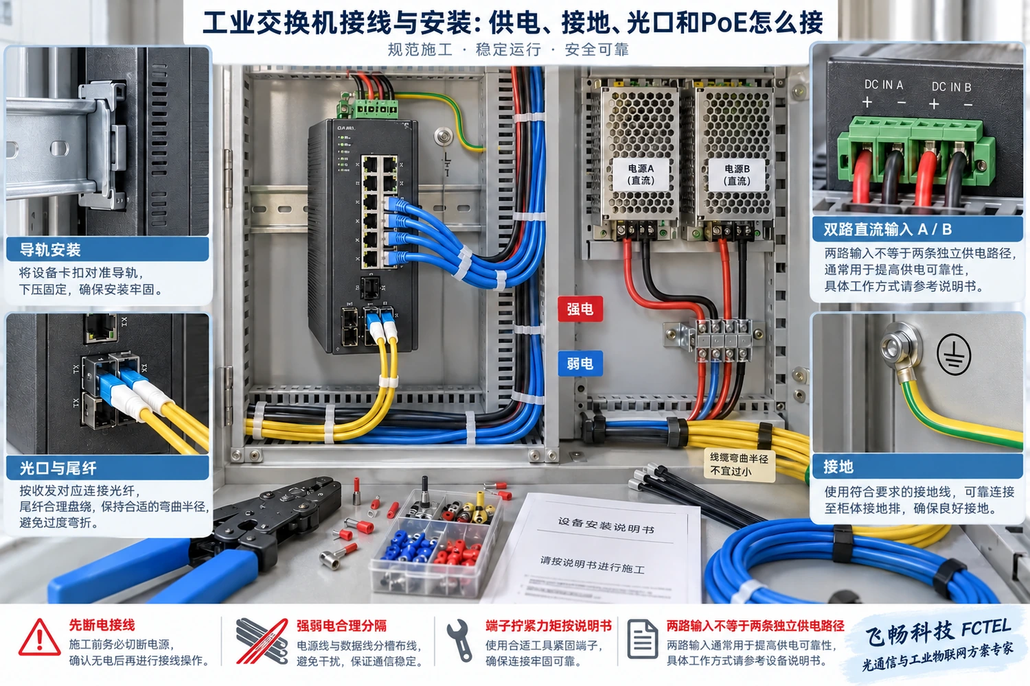 固定、分槽、端子压接与光纤保护是安装质量的组成部分；双路输入仍需核对真实供电路径。
