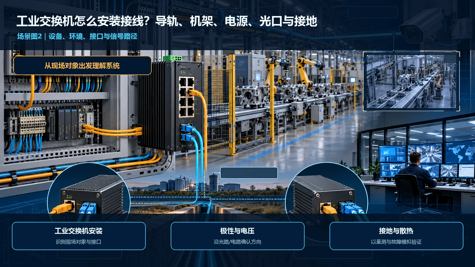 工业交换机怎么安装接线?导轨、机架、电源、光口与接地设备、环境与链路关系