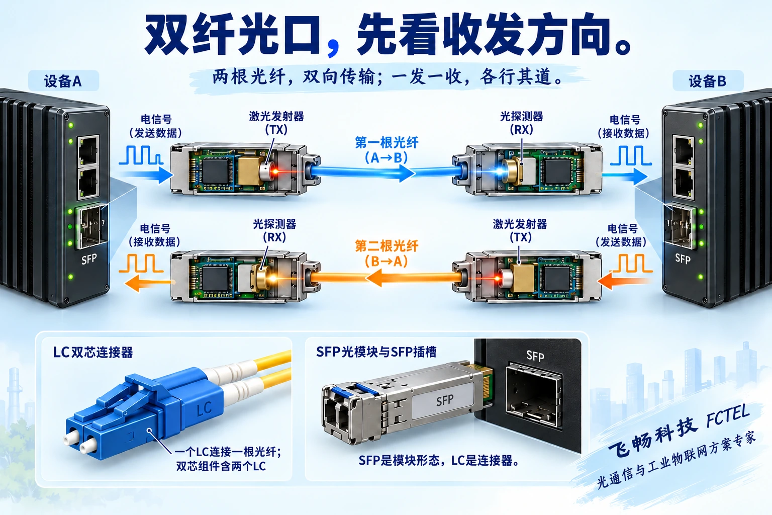 两端SFP模块中发射器经第一根光纤连接对端接收器，第二根光纤承担反向传输的示意