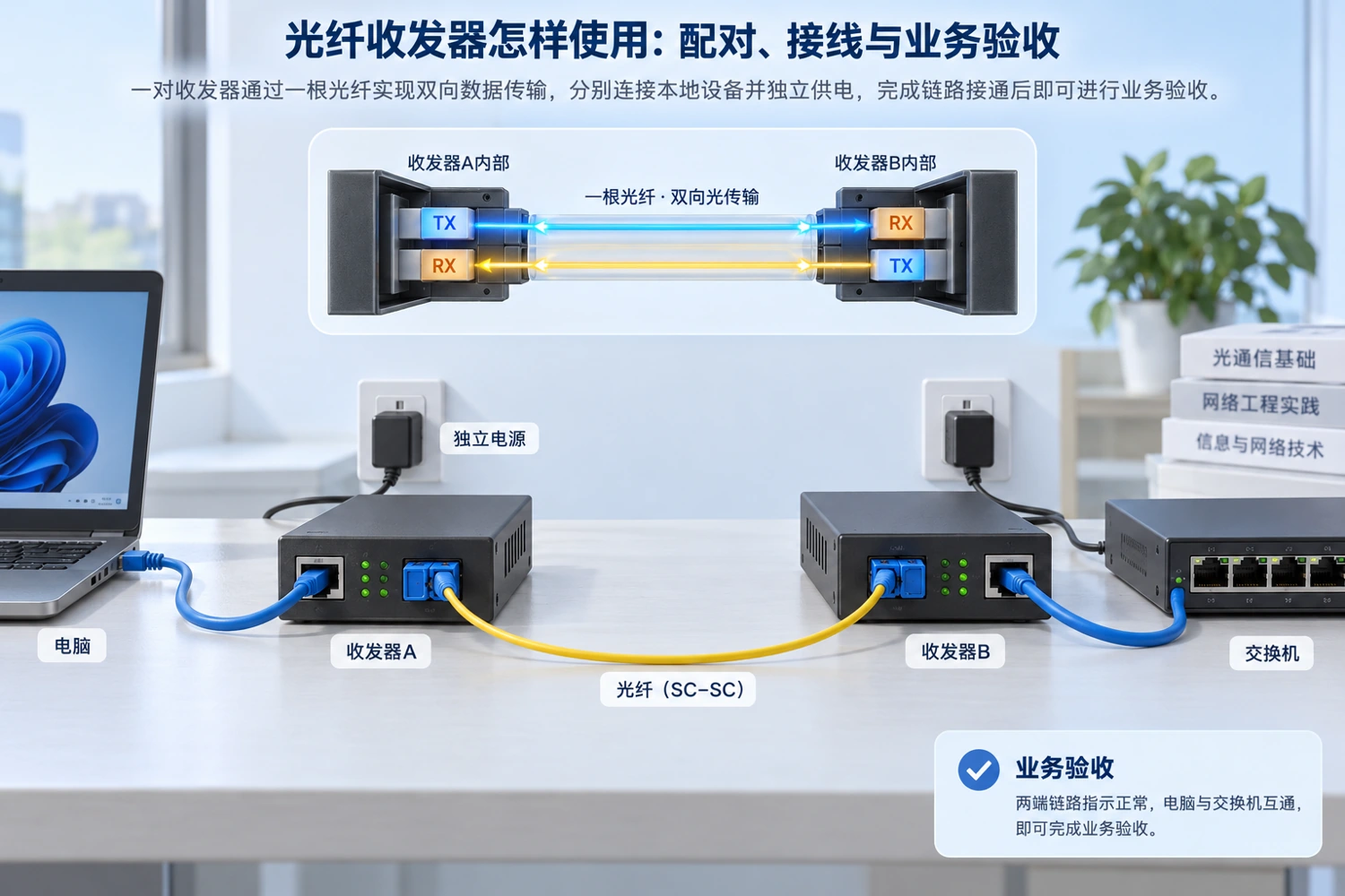 电口连接本地设备，光口跨越传输距离；收发器不代替IP配置或应用管理，图中设备为原理示意。