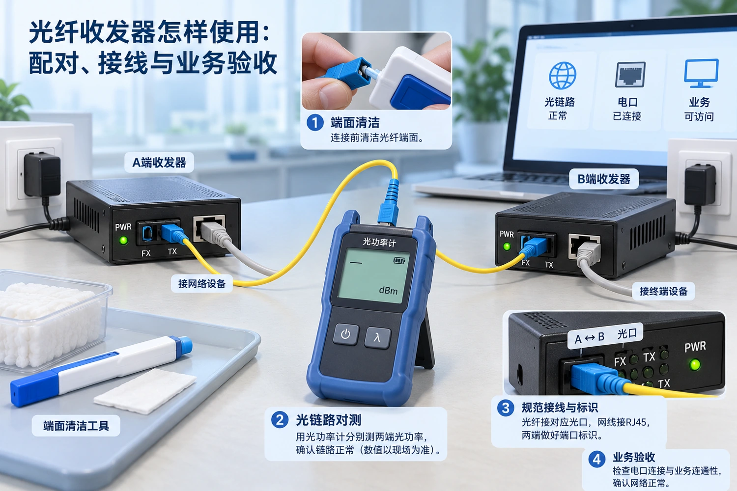 连接后的检查要覆盖电源、电口、光口及业务端；灯态含义以对应型号说明书为准。