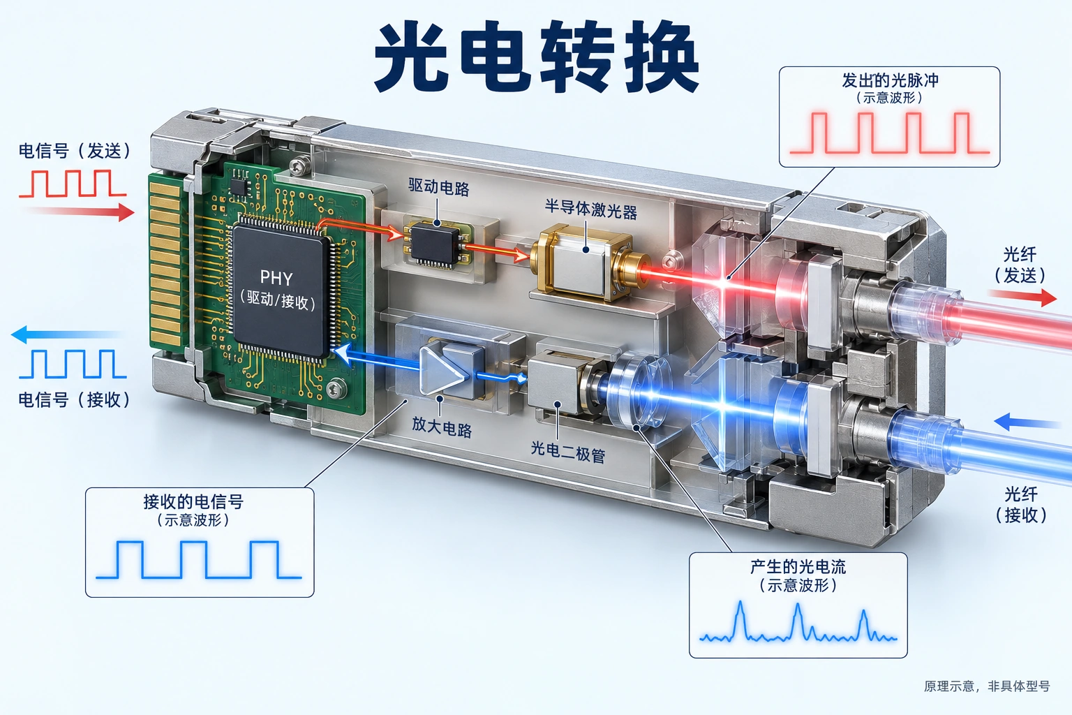 介质转换中的光发送与光接收过程,不代表具体产品内部布局或规格。