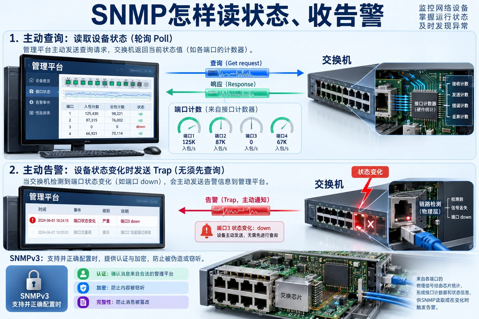 轮询是平台先查询、设备响应；Trap是设备主动通知。SNMPv3的认证与加密须按设备支持及配置启用。