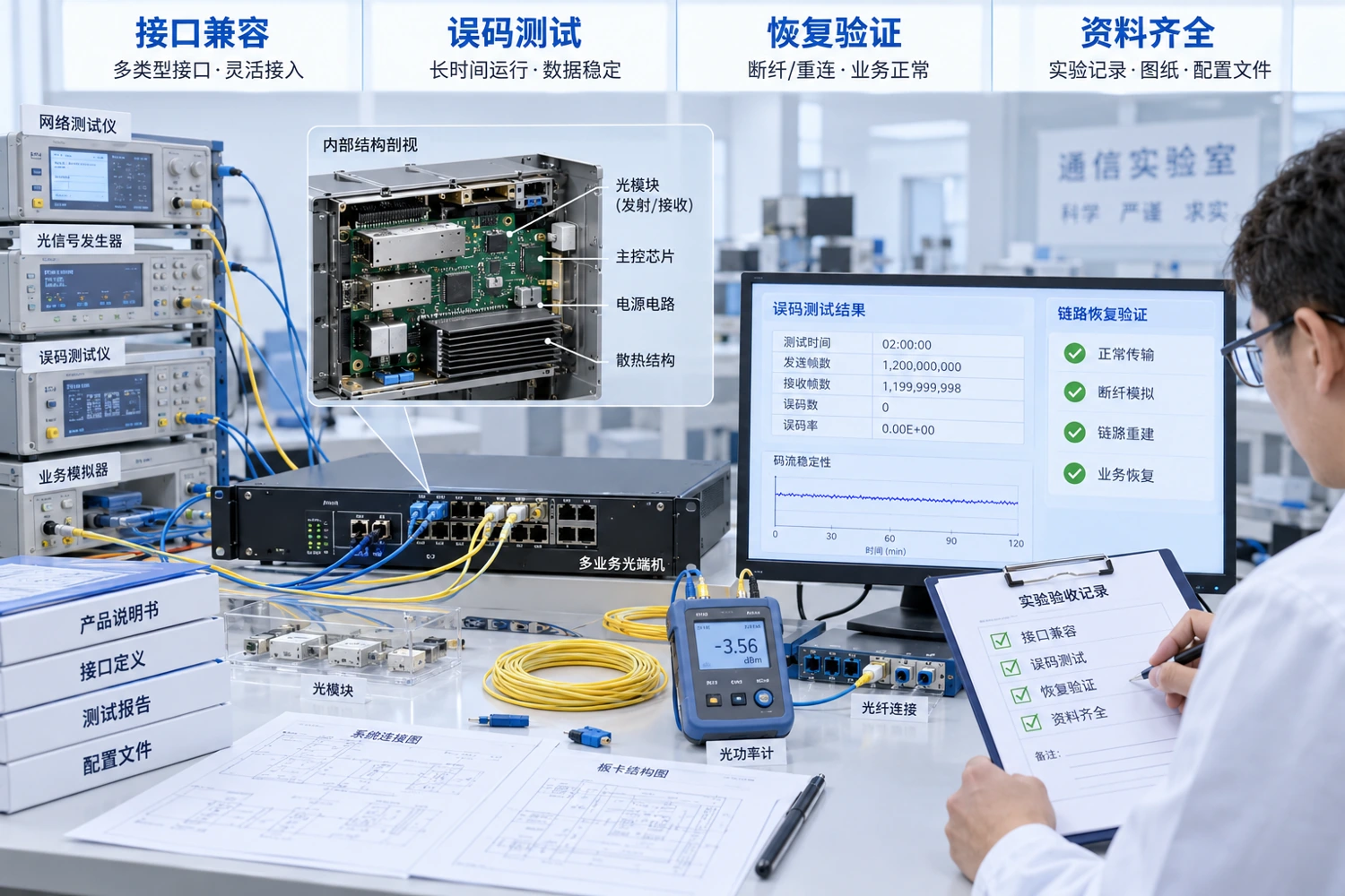 功能、误码、恢复和资料核验构成选型证据;图示测试台不代表任一品牌的认证或实测成绩。
