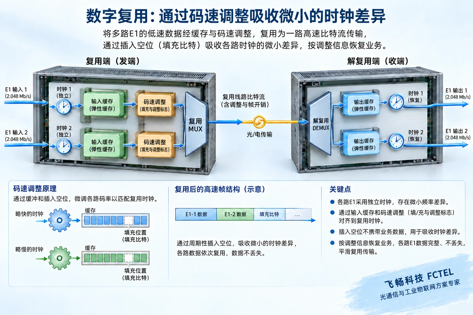 PDH复用器通过输入缓存、码速调整及标志恢复独立支路时钟的剖视示意