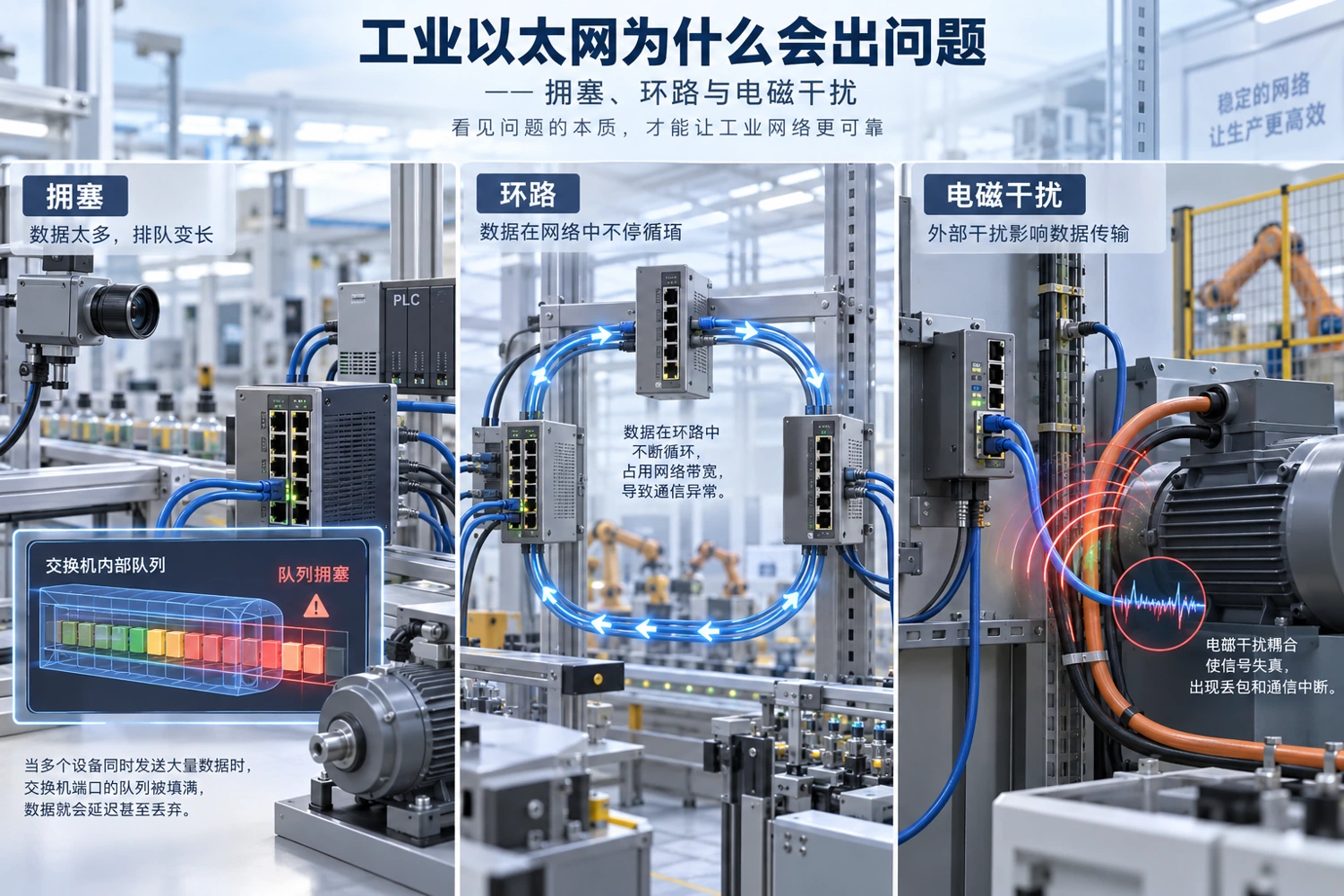 拥塞、循环与干扰是不同机制,需要分别识别,图中产线为工程原理场景。