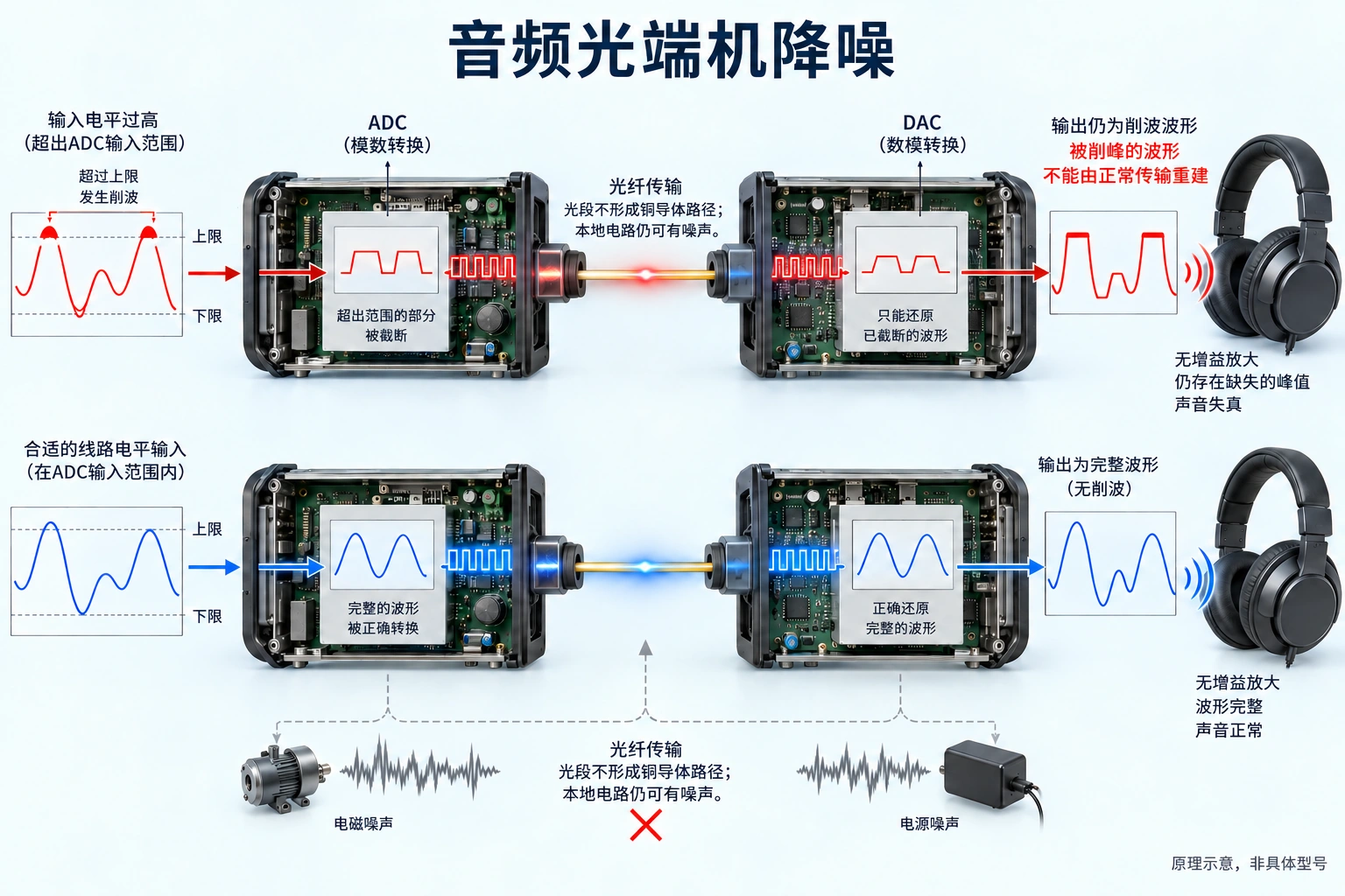 输入削波发生在光传输之前，正常传输也不能重建被截掉的峰值。
