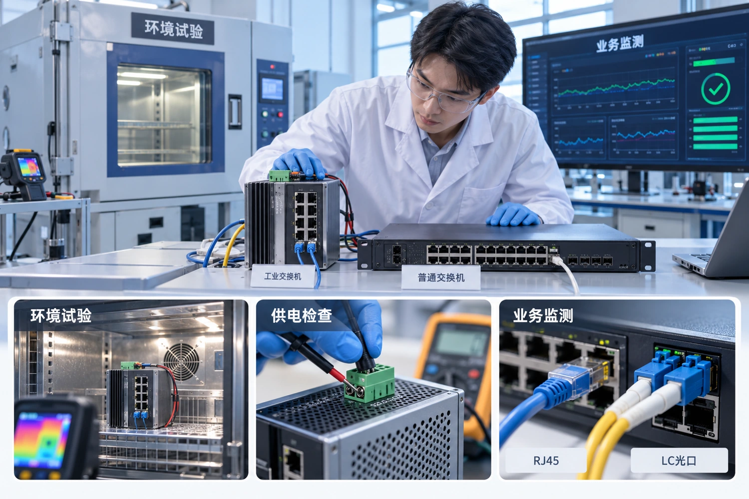 供电扰动与温升试验应结合实际业务监测,图中的实验为方法示意而非型号认证声明。
