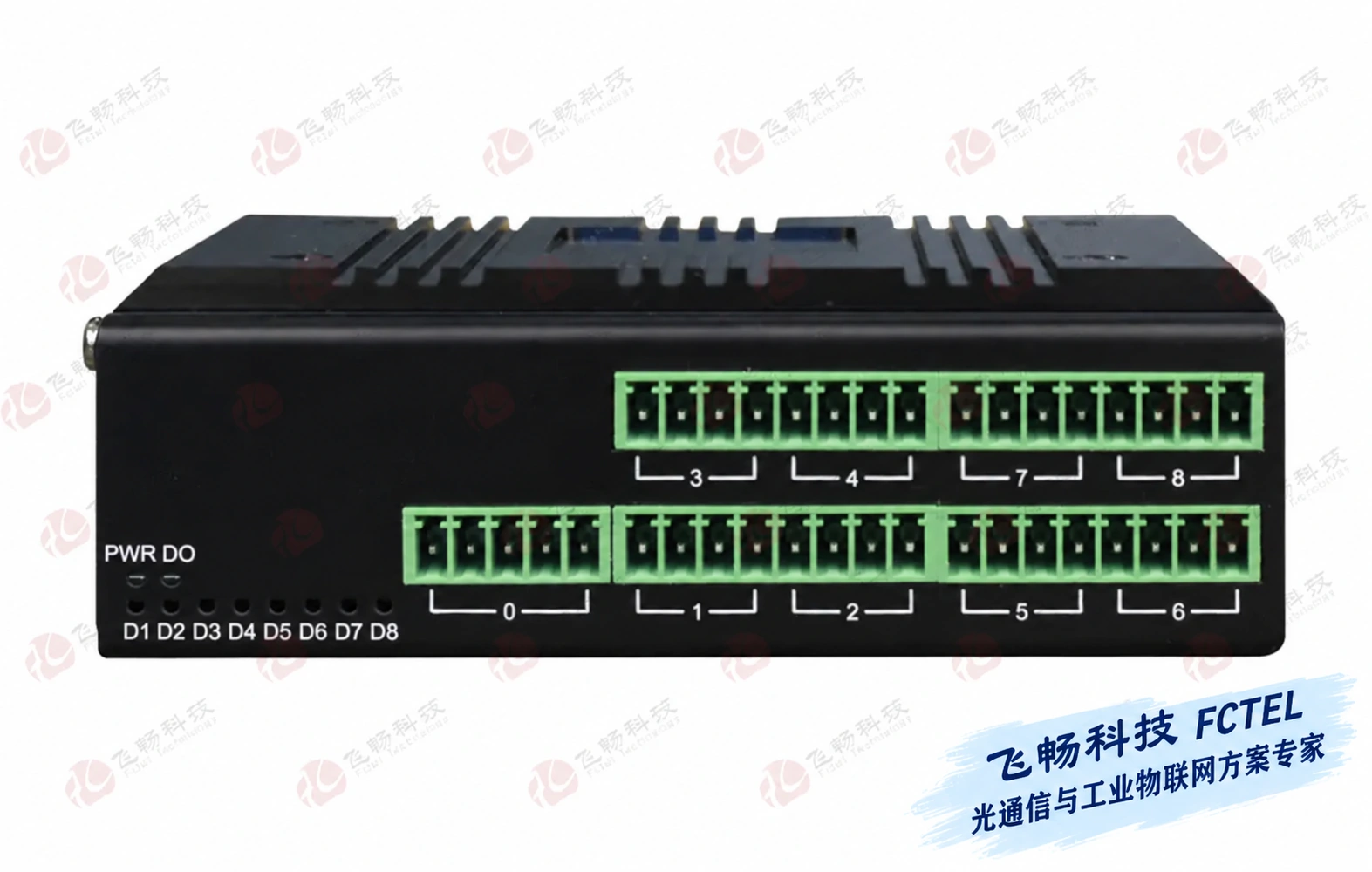FC-D8JM官网原始正面实物照片,两排绿色端子与PWR和D0至D8指示灯