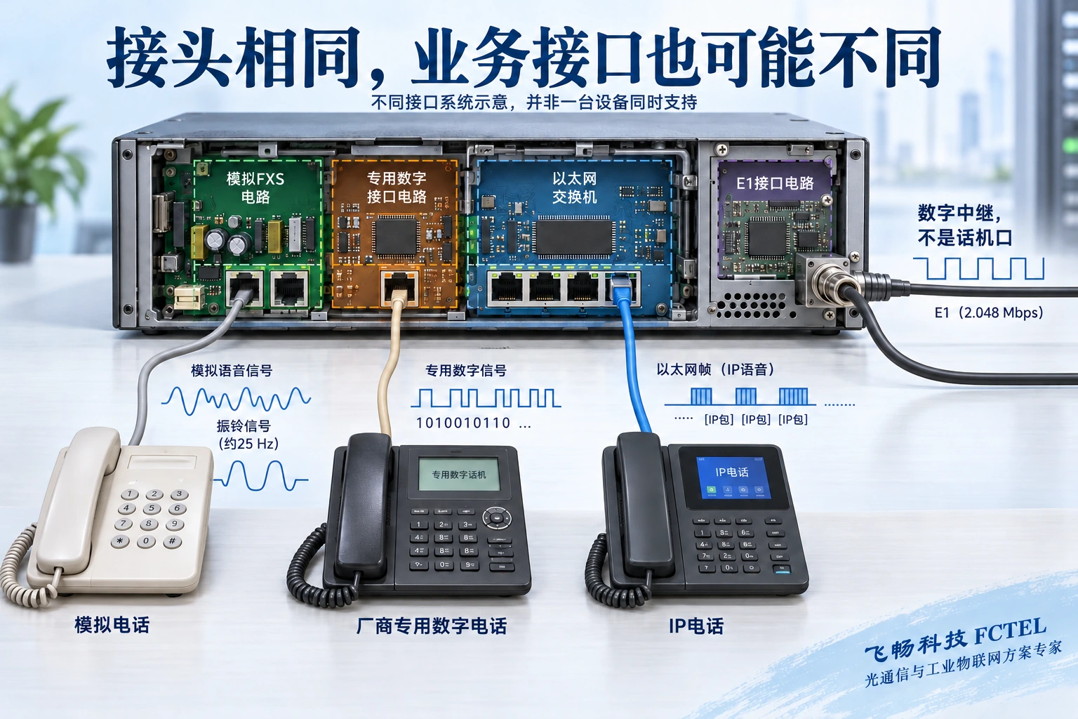图2:模拟、专用数字、IP及E1接口分别属于不同业务边界,插座外形不能证明互通。