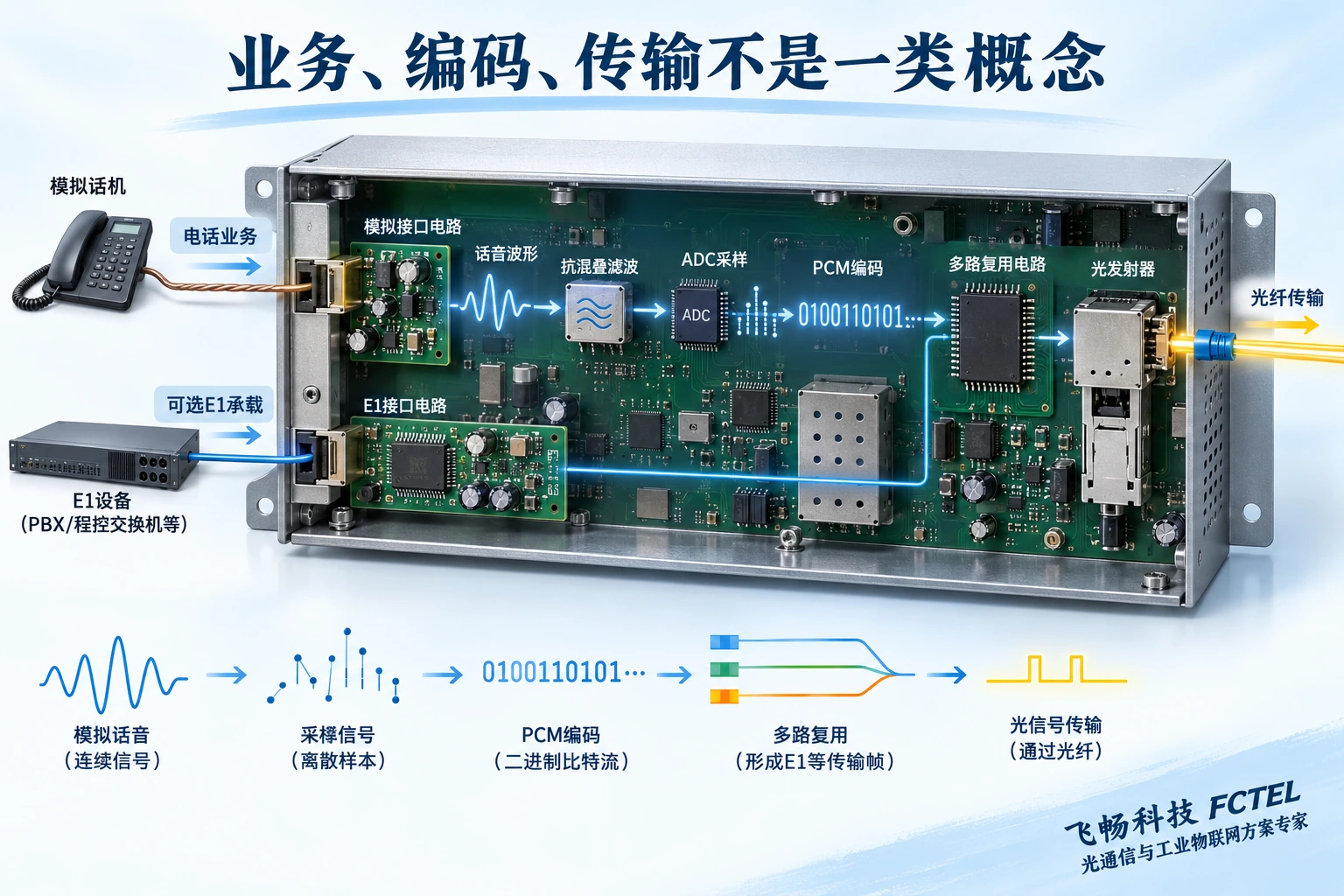 图1:模拟电话经PCM编码与复用后,可接匹配的E1或成对光承载;业务适配与传输层不能混为一谈。