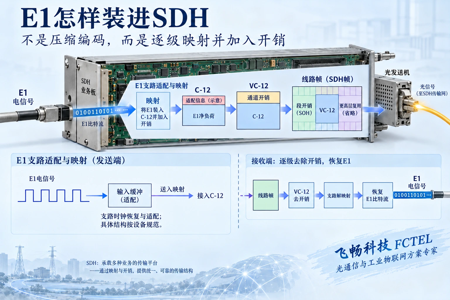 E1支路经过容器映射与开销组织进入SDH线路帧