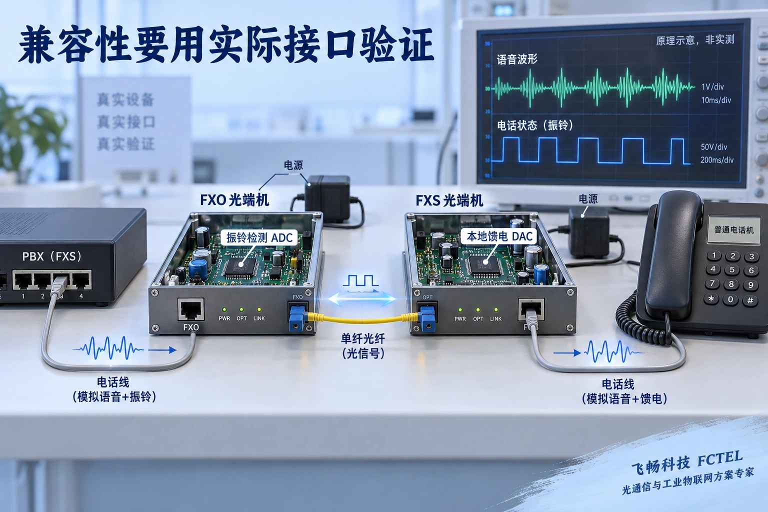 图1：用真实接口组合验证话音和呼叫状态，图中测量为原理示意，并非产品实测结果。