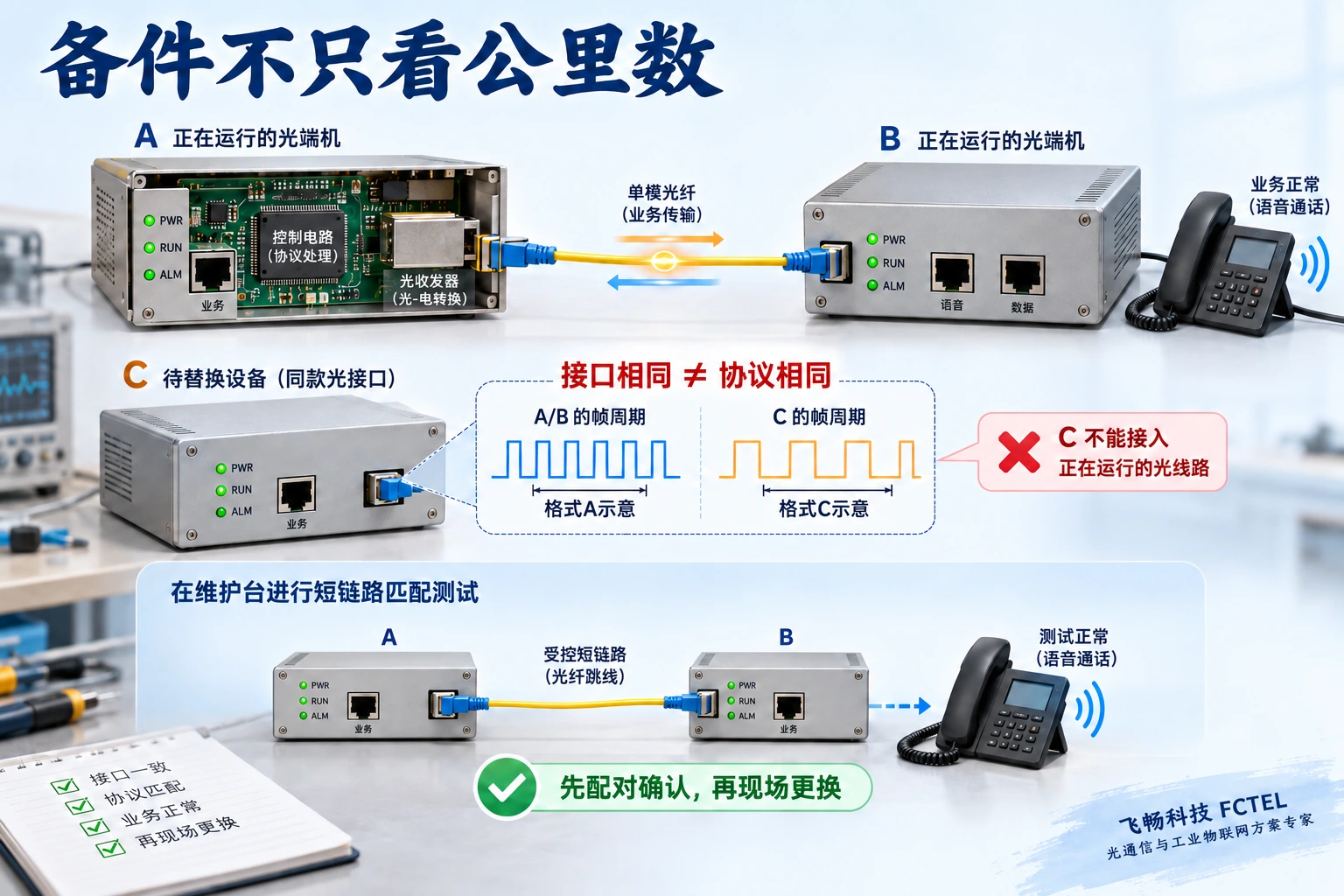 图2：单端更换还需确认线路格式与版本兼容，光口外观一致并不足够。