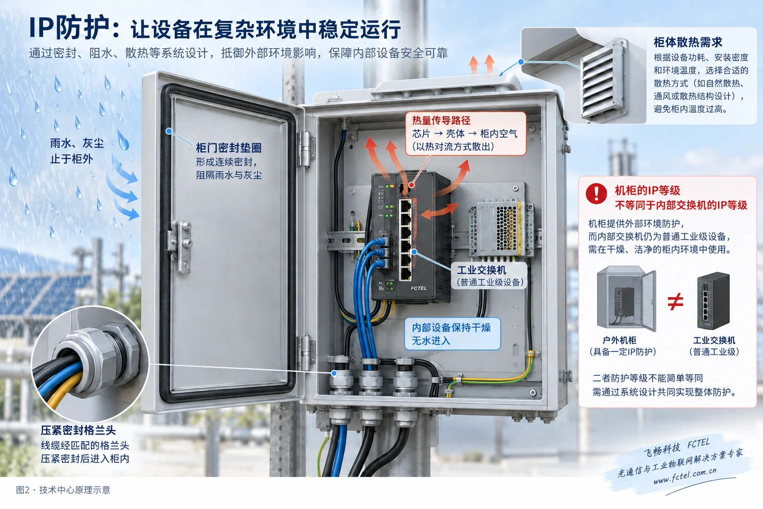 机柜门缝和电缆密封入口形成防水边界，内部交换机散热的示意