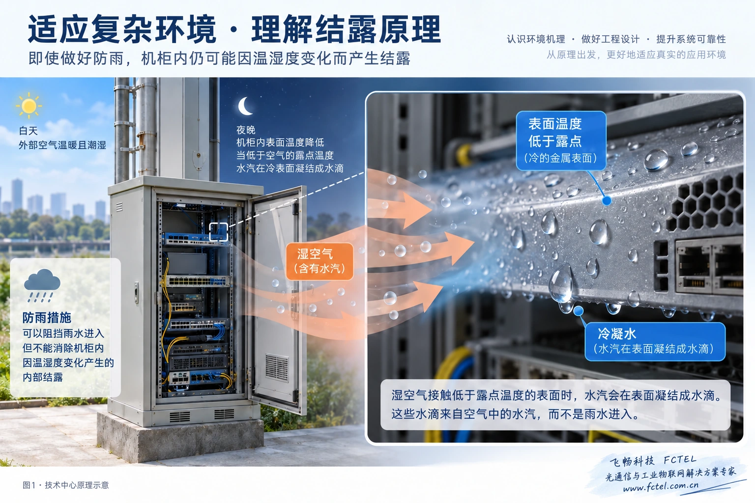 潮湿空气接触低于露点的冷外壳形成凝露的剖视示意