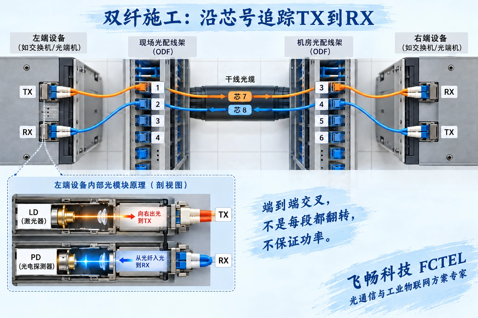 双纤链路本端发送接对端接收，反向另用一芯；两端设备均具有发送和接收能力。