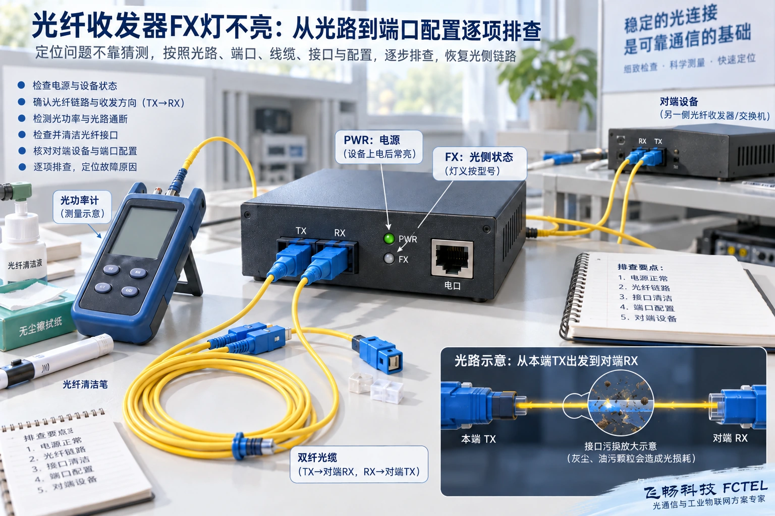 FX灯排障的实物对象：设备供电、光口方向、连接器端面与接收功率都需要检查。