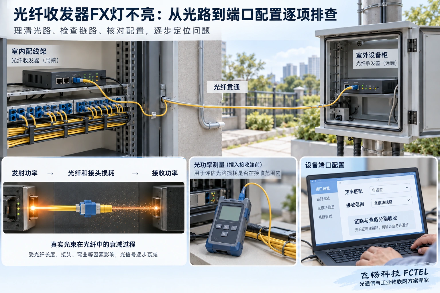 从发射、链路损耗到接收窗口检查光路；光功率与端口配置属于不同层面的条件。