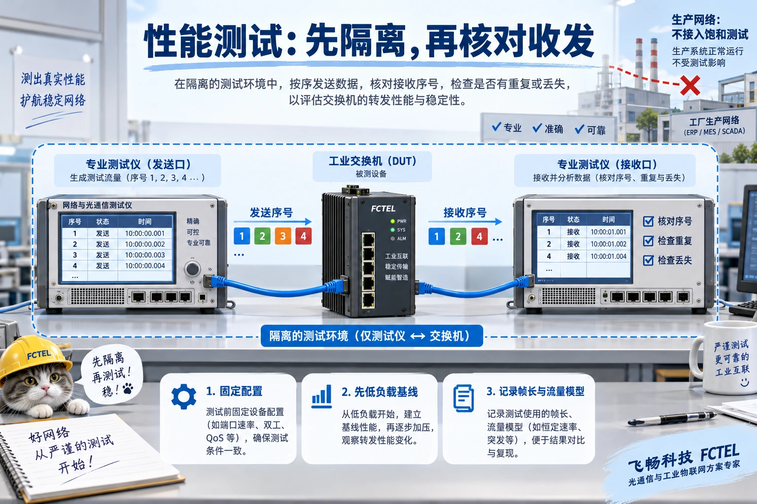 隔离实验室中的测试仪发送端通过被测交换机返回接收端,发送和接收序号用于核对结果