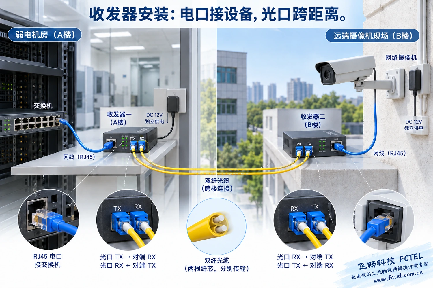 电口负责连接本地以太网设备,光口承接跨距离链路;普通收发器不会把本地电源沿光纤送到远端。