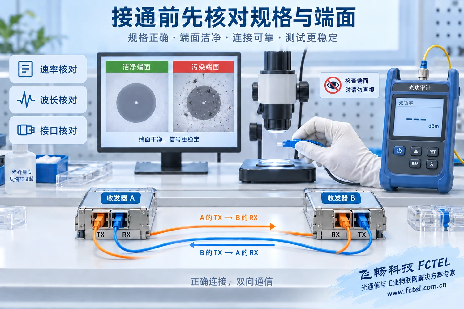 端面清洁、型号匹配与光功率测量分别验证不同条件;有光并不自动代表速率和协议正确。