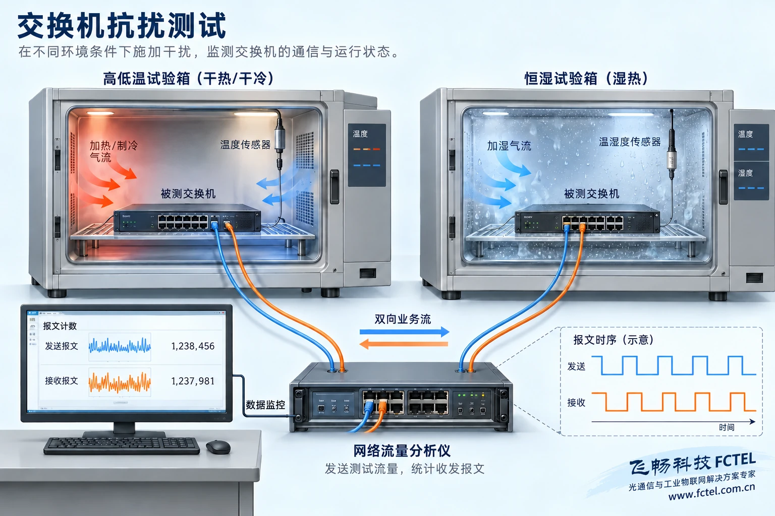 干热干冷与湿热试验分别监控环境和网络业务，收发数量仅为示意