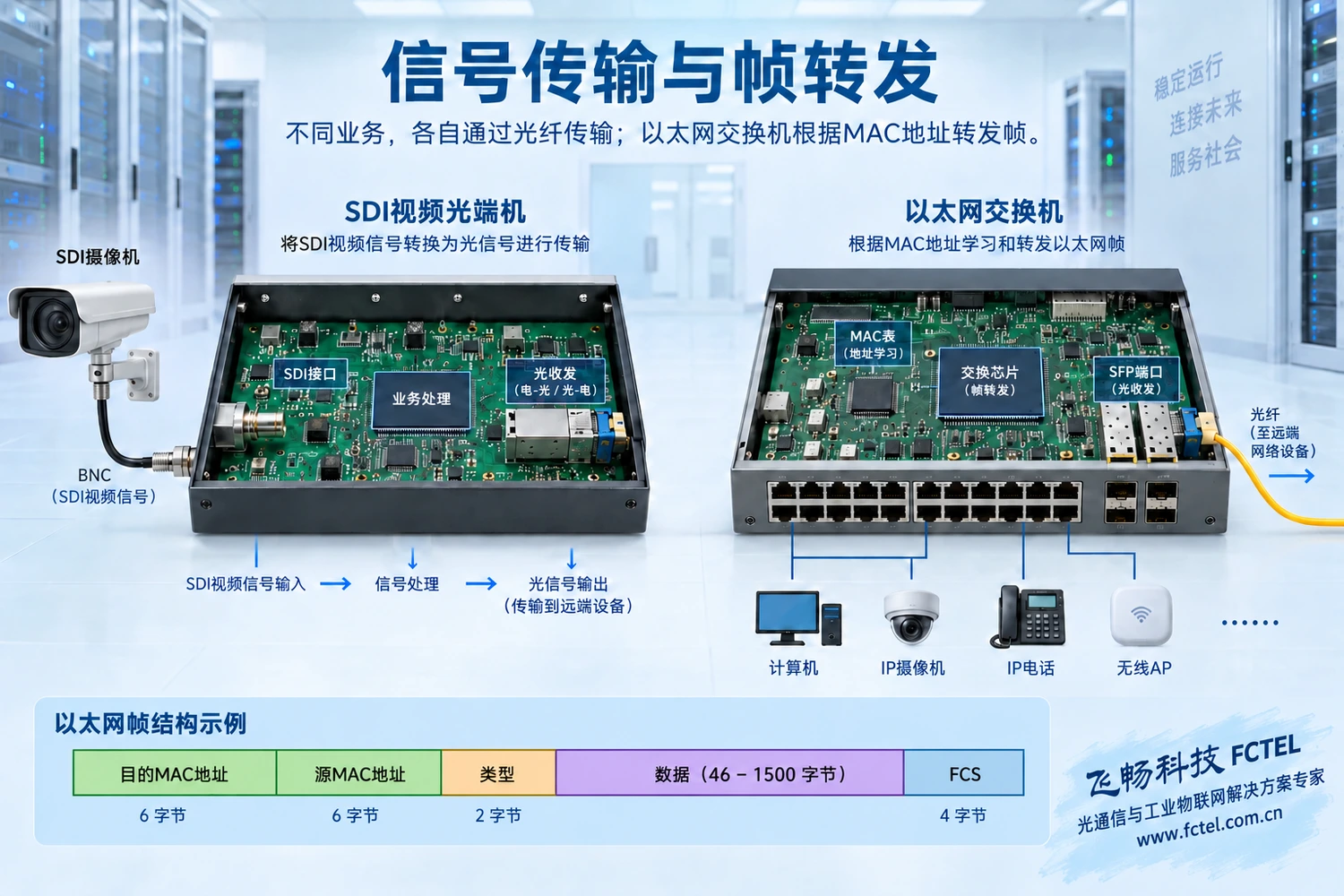 专用光传输关注业务接口与复用通道;以太网交换关注帧、MAC表和端口转发,功能层次不同。