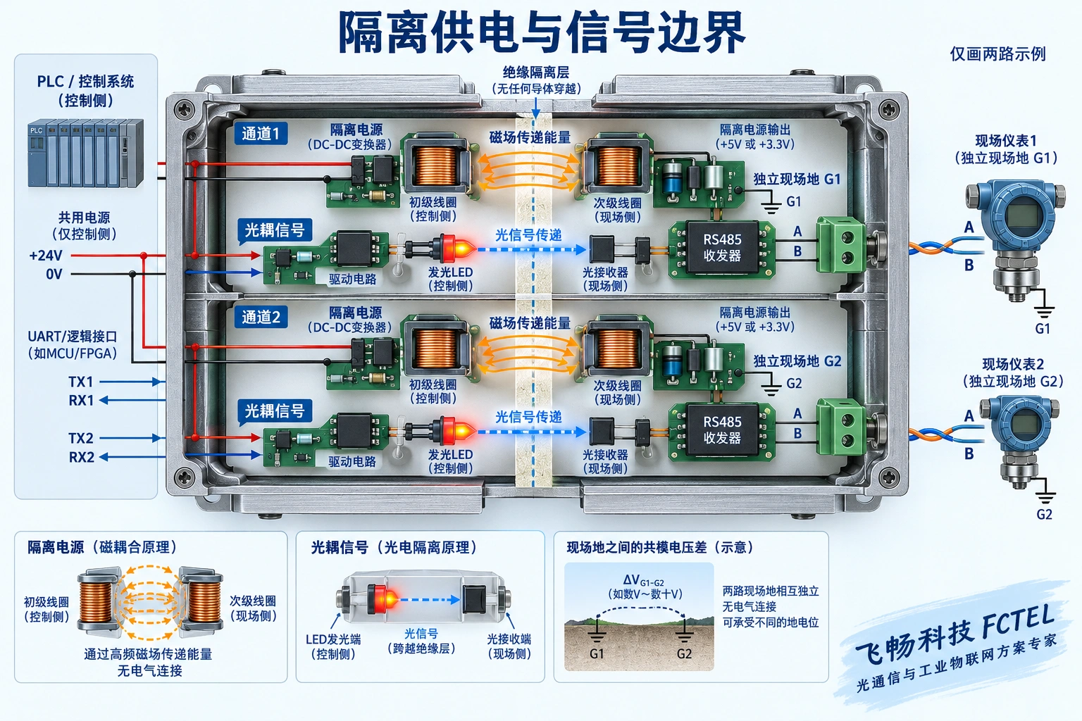 仅画两个通道、一个信号方向的隔离耦合过程;隔离电源通过磁耦合传能,信号经光耦跨越绝缘层,现场地不相连。电压与芯片均为示意。