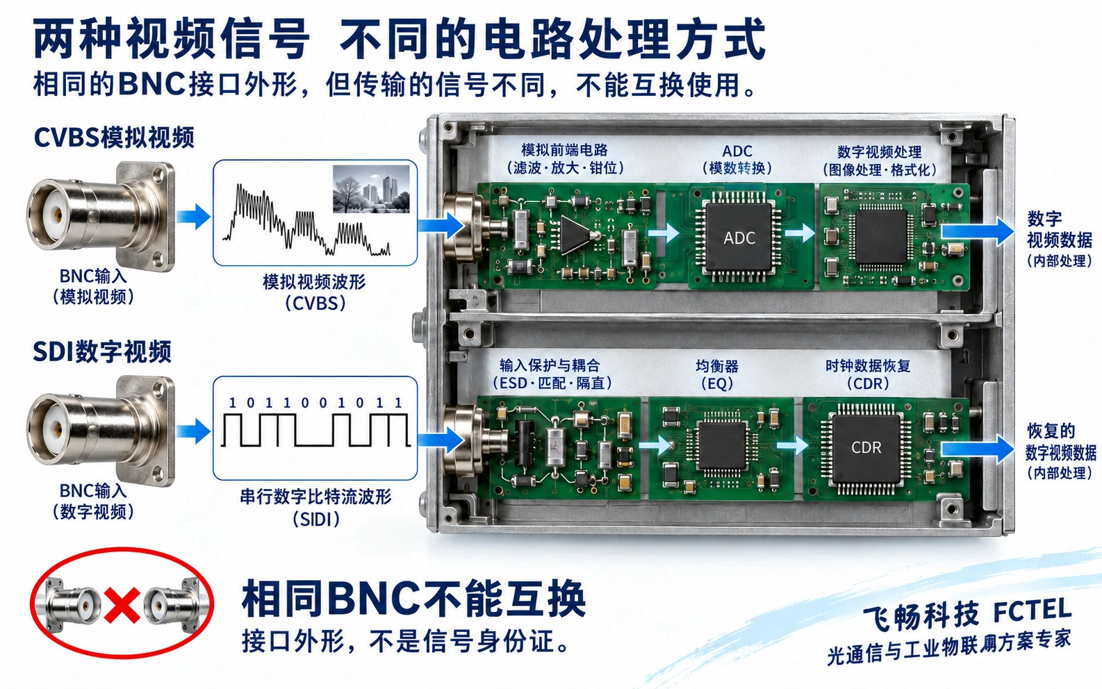 图1:同一BNC外形可对应不同输入电路。模拟视频和SDI只是两个示例,不能凭连接器推断信号标准。