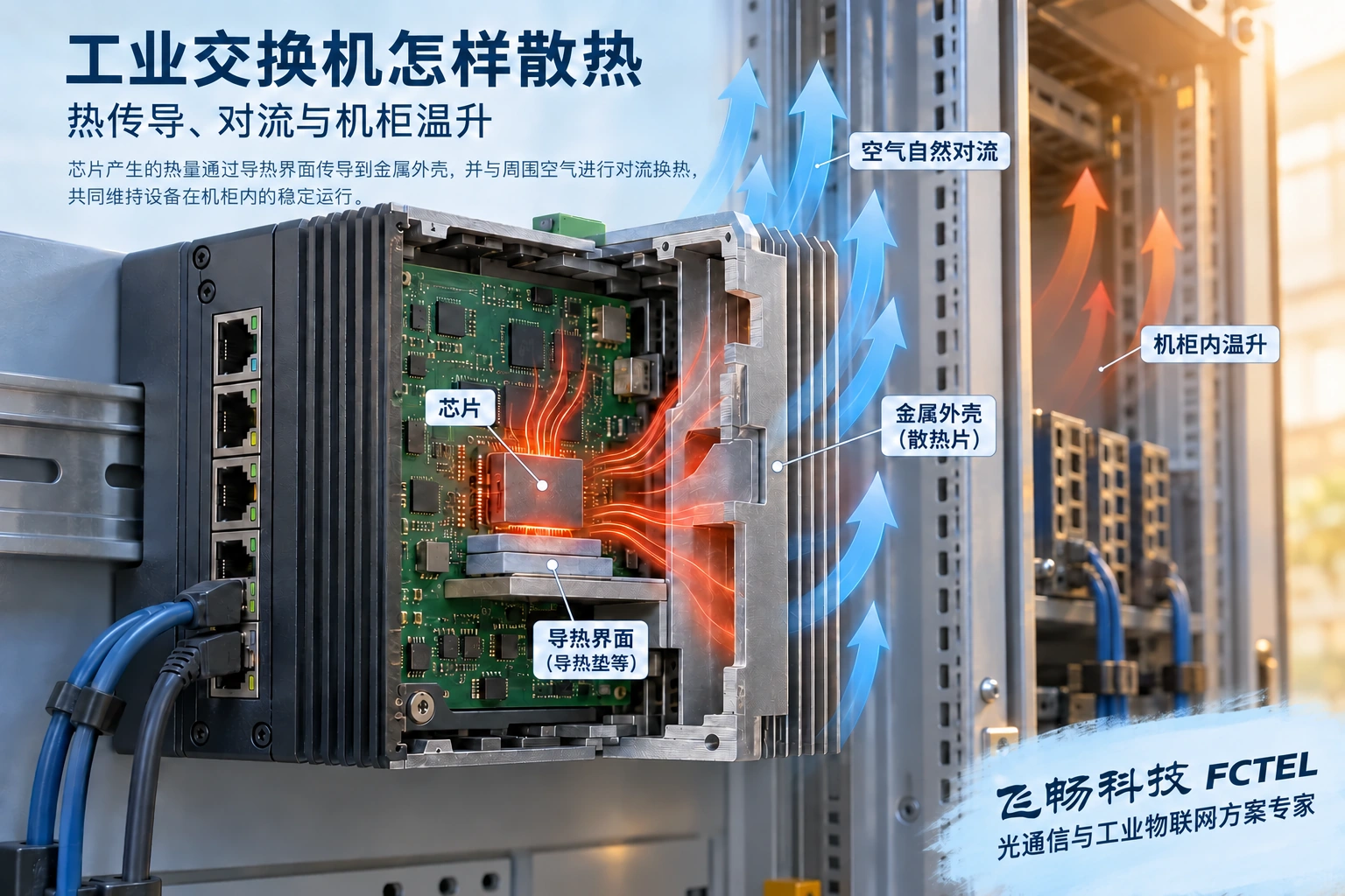 热从发热器件经过导热界面到壳体,再向空气传递;切面为原理示意。