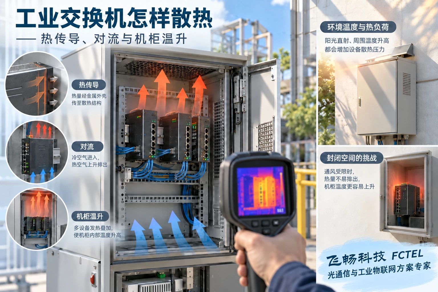 机柜空气流动、邻近热源与外部日照共同影响设备周围温度,热像图不等同器件结温。
