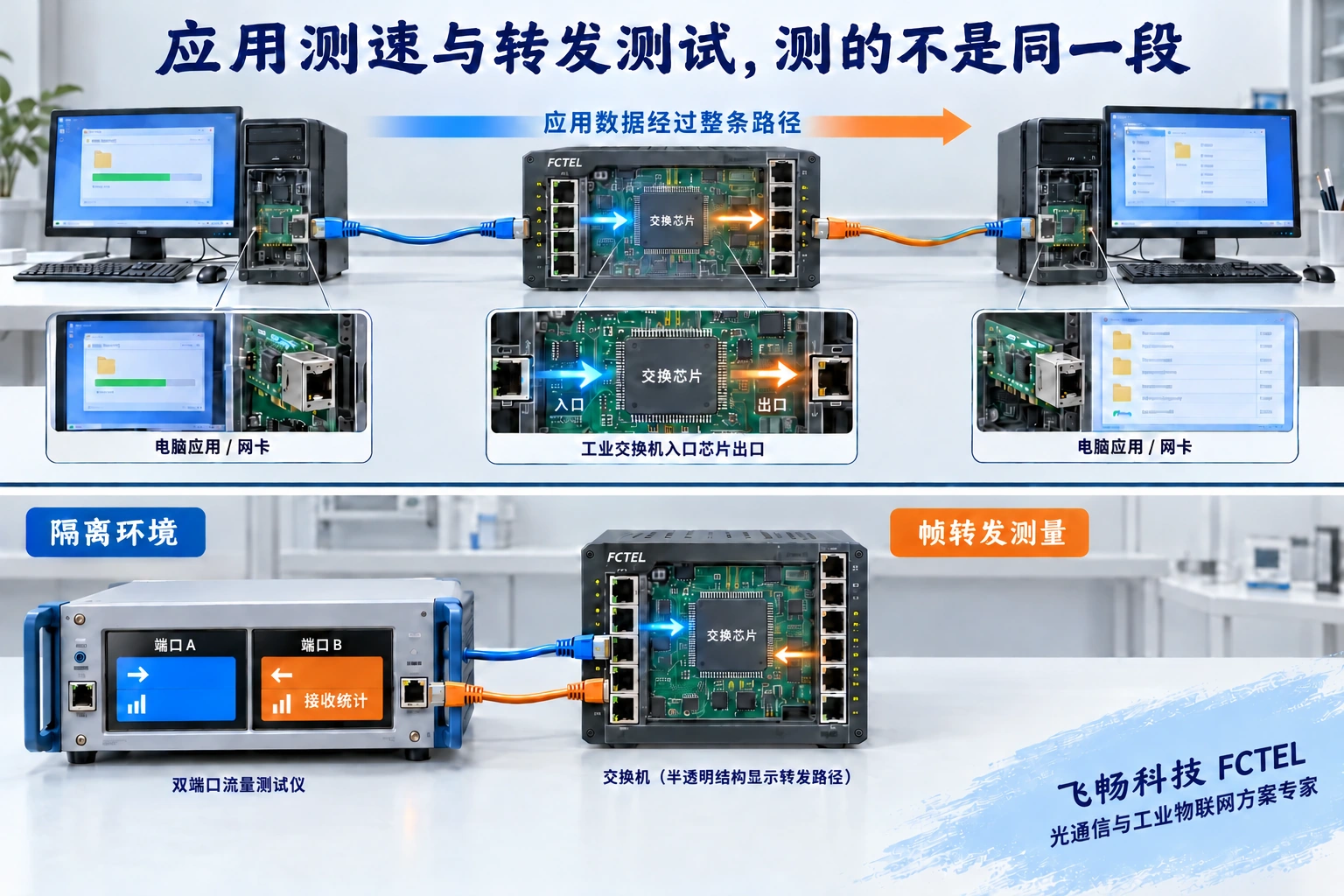 应用测速经过主机与交换机整个路径,专用转发测试在隔离环境中由测试仪产生并统计数据帧