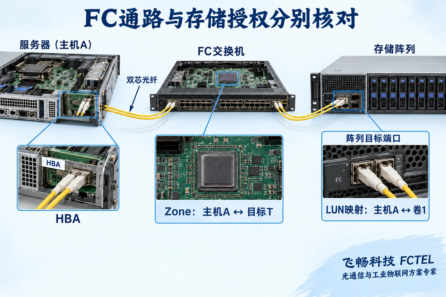 FC路径需要HBA、分区和阵列映射共同配合，可见与获准访问分别核对。