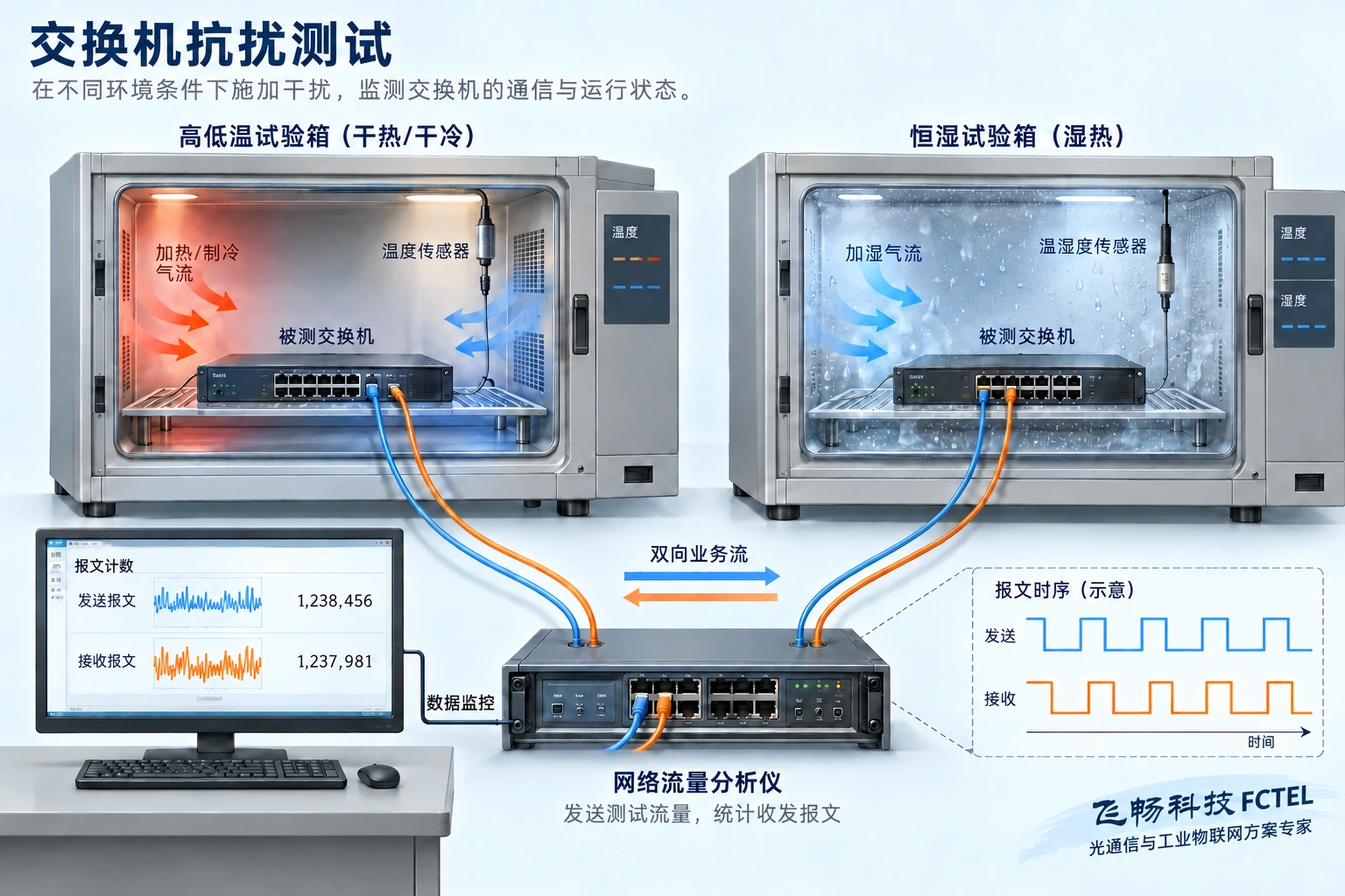 干热干冷与湿热试验分别监控环境和网络业务，收发数量仅为示意
